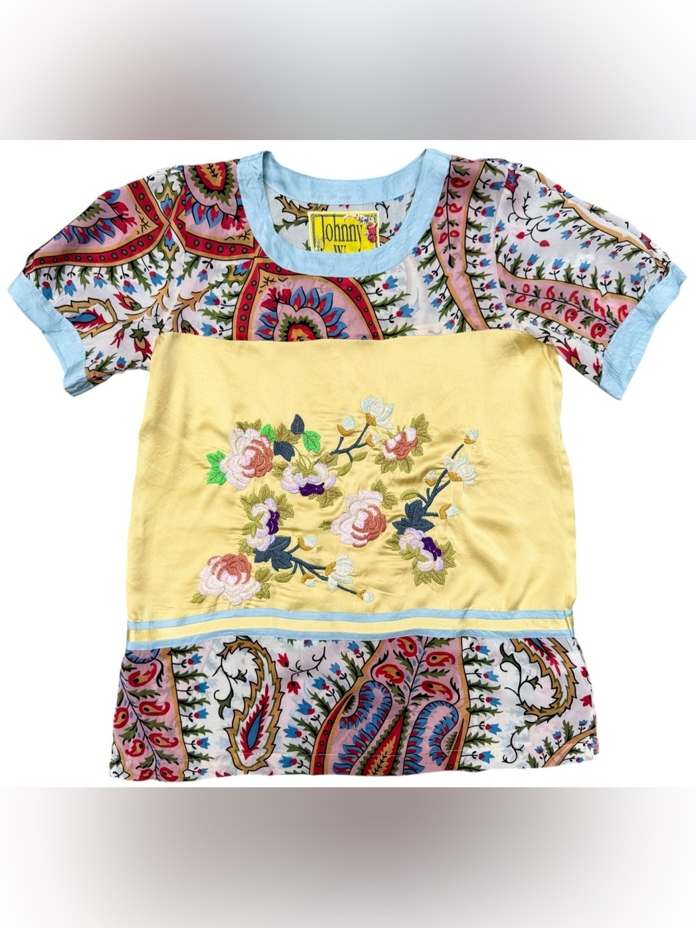 Johnny Was Yellow Floral Embroidered Patchwork Miixed Print Top - M